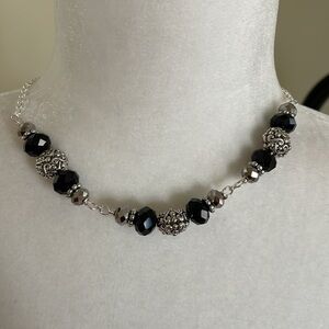 HAND CRAFTED JEWELED STATEMENT NECKLACE Silver Plated Black Mirrored Silver Boho